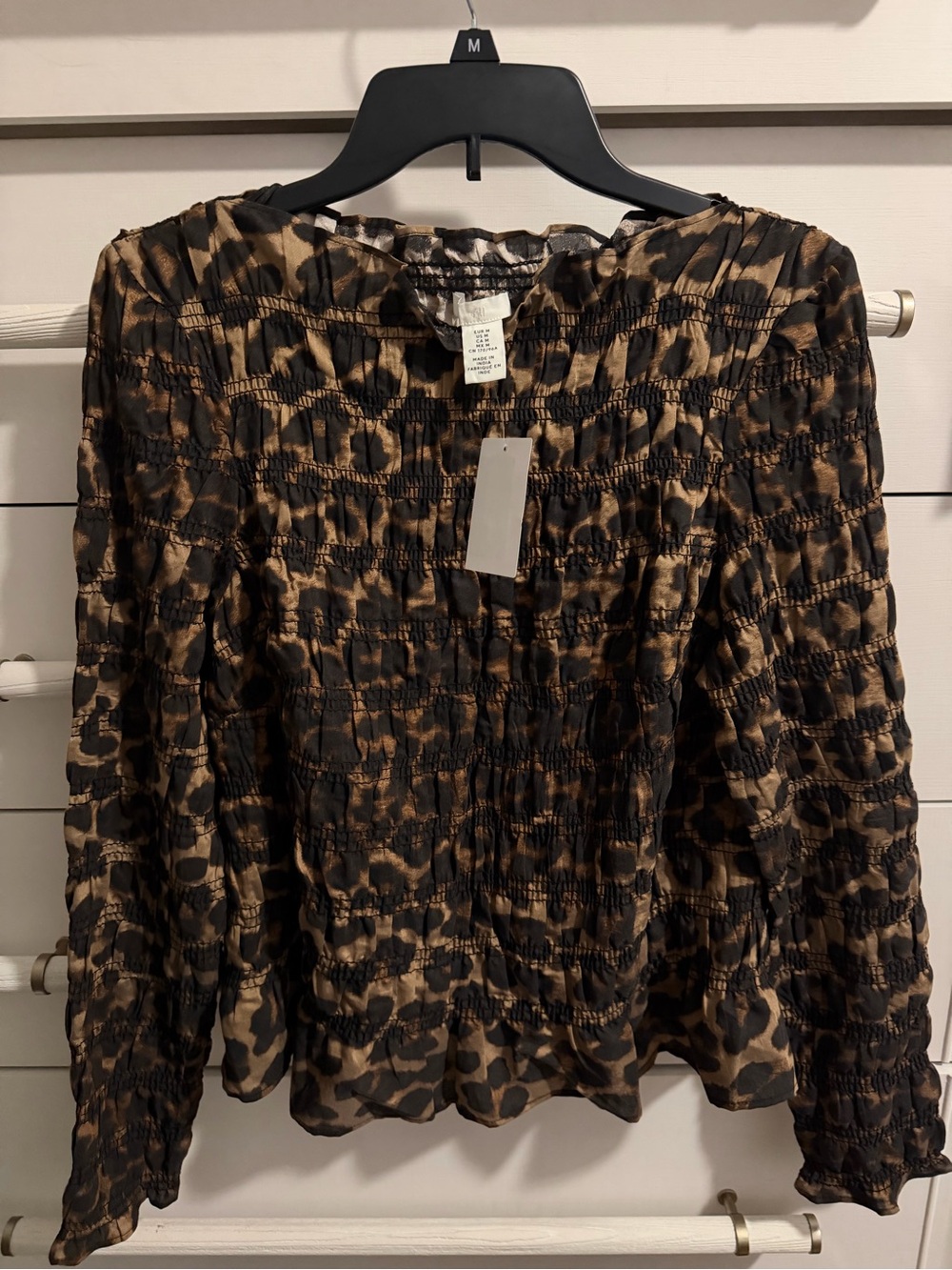 H&M Leopard Print Smocked Long-Sleeve Top - Black & Brown